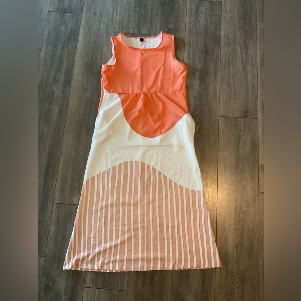 Stylish Orange and White Sleeveless Dress, Size Small